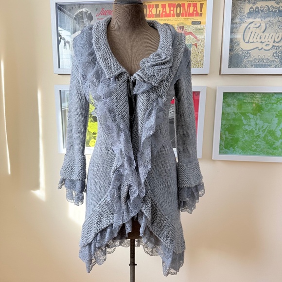 Slonl Sweaters - Y2K Coquette Grey Knit Lace Cardigan – Balletcore Fairy Grunge Tie Front
